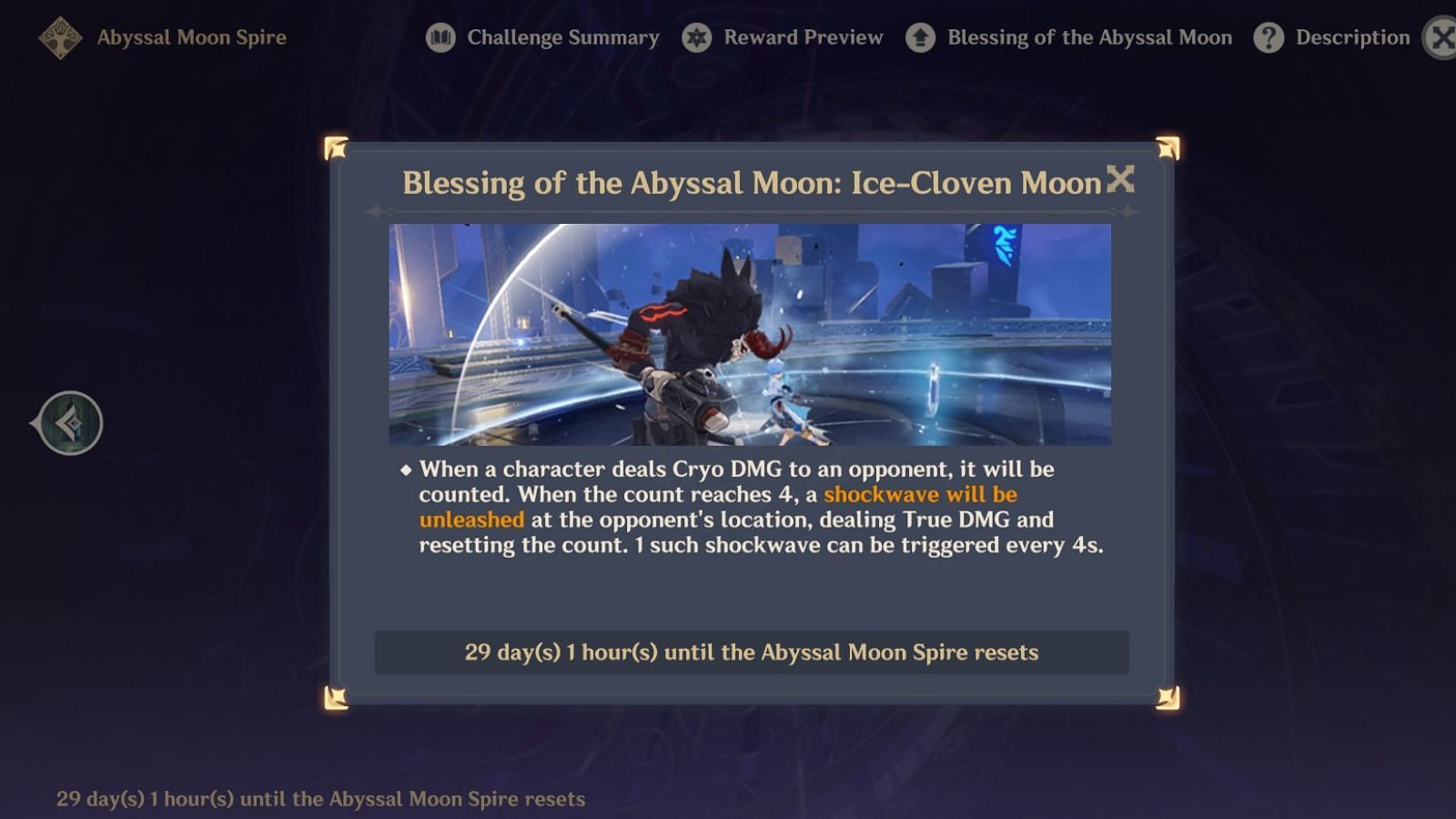 Blessing of the Abyssal Moon buff for the version 5.7 Spiral Abyss (Image via HoYoverse)